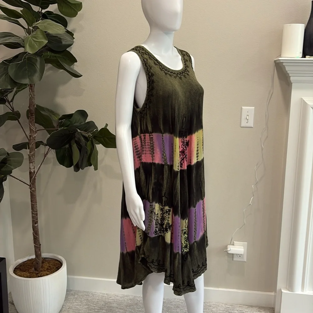 Fashion Force Embroidered Tie Dye Midi Tank Dress Free Size Rainbow Stripe Y2K